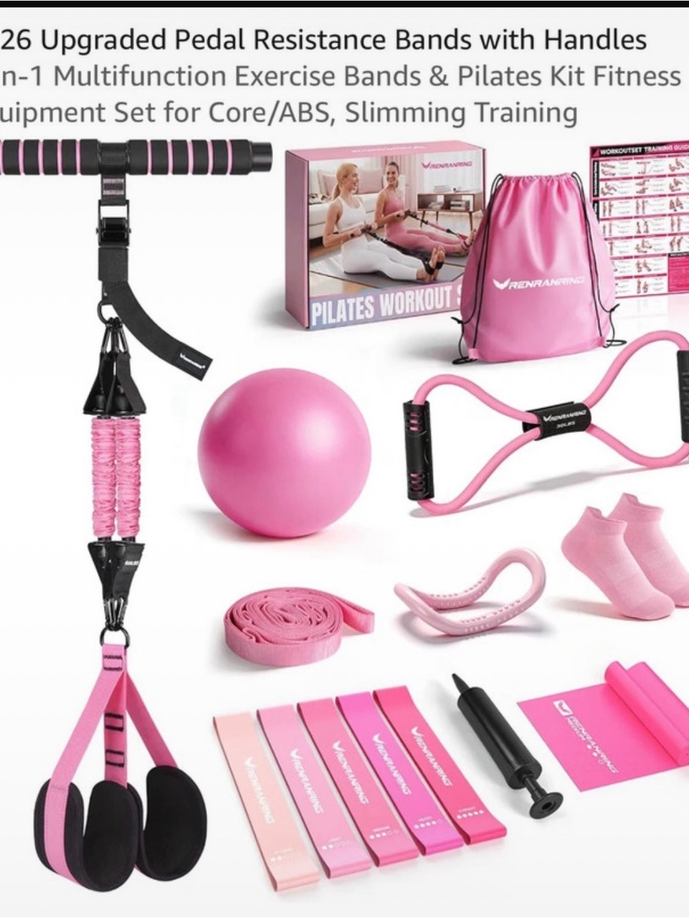 26-Piece Pink Pilates & Resistance Band Workout Set